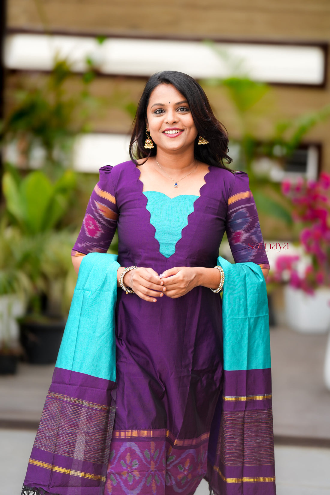 Shanthini -purple blue Pochampally 3 piece suit set with Dupatta
