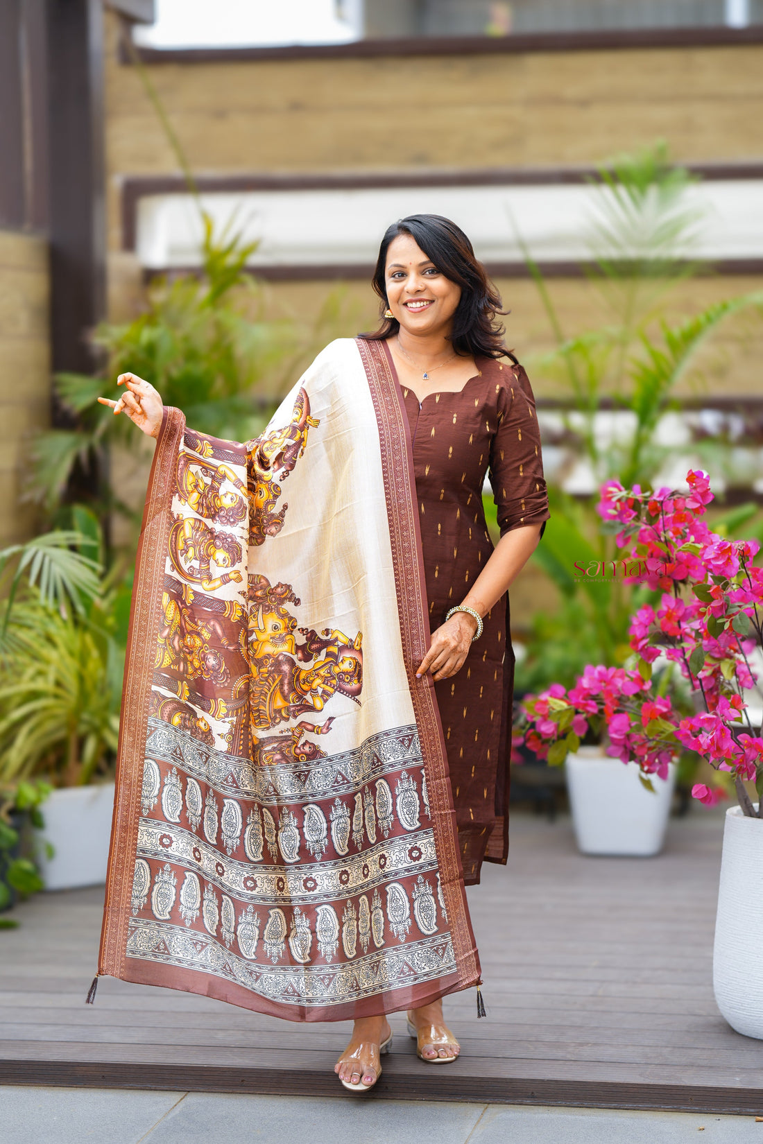 Chocolate - 3 piece salwar suit set with printed kalamkari dupatta ( pre order)