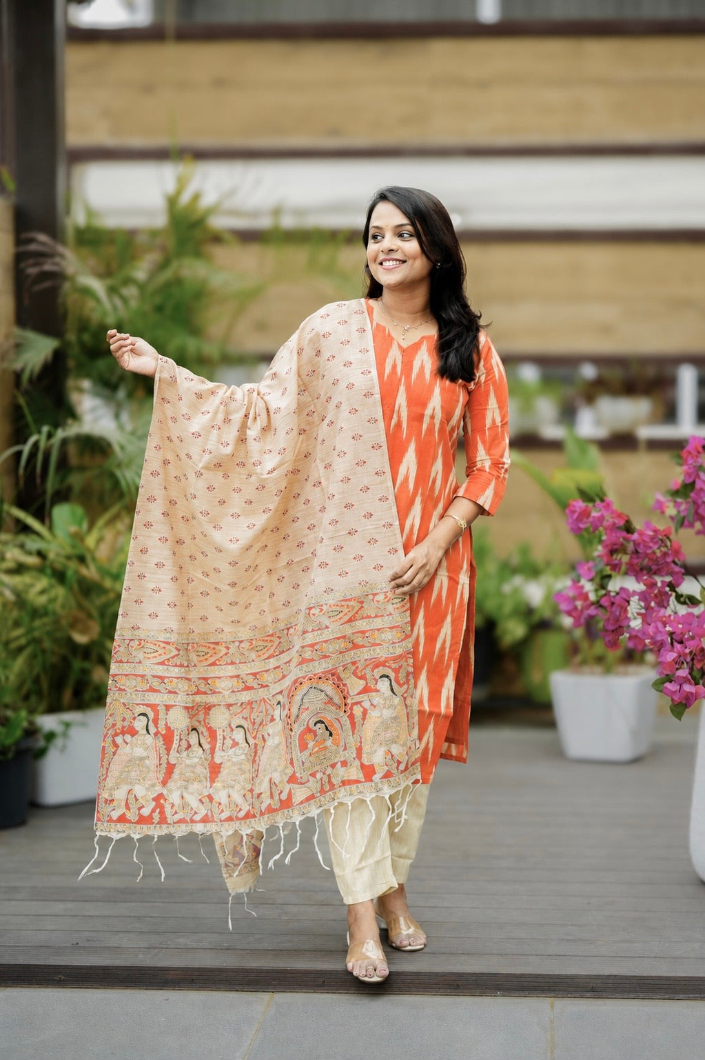 Pari -Orange Ikkat Cotton 3 piece Set with madubhani dupptta