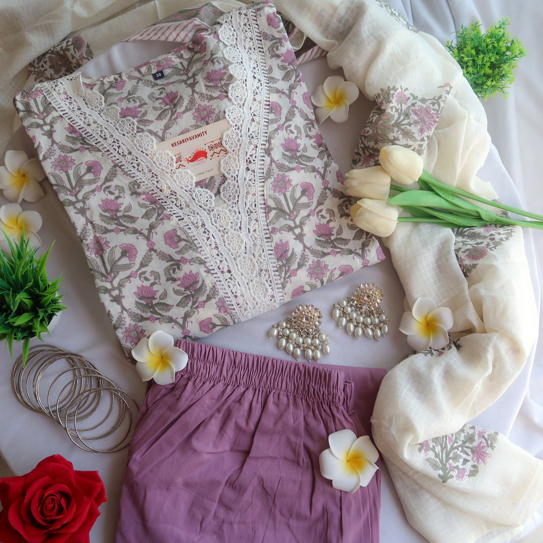 Floral Whispers Embroidered Three-Piece Cotton Suit Set - Blend of Fun