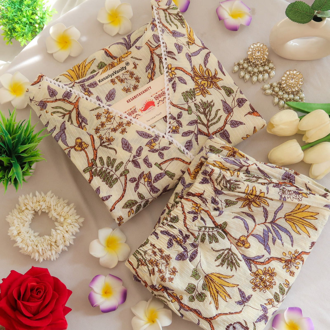 Blooming Petals Kantha Lace Suit Set - Sukoon 2.0 (Slim Fit)