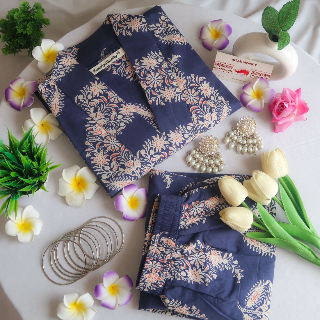 Navy Blossom V-Neck Suit Set