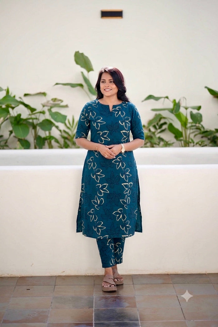 Nila -Peacock Cotton 2 piece Set with lining