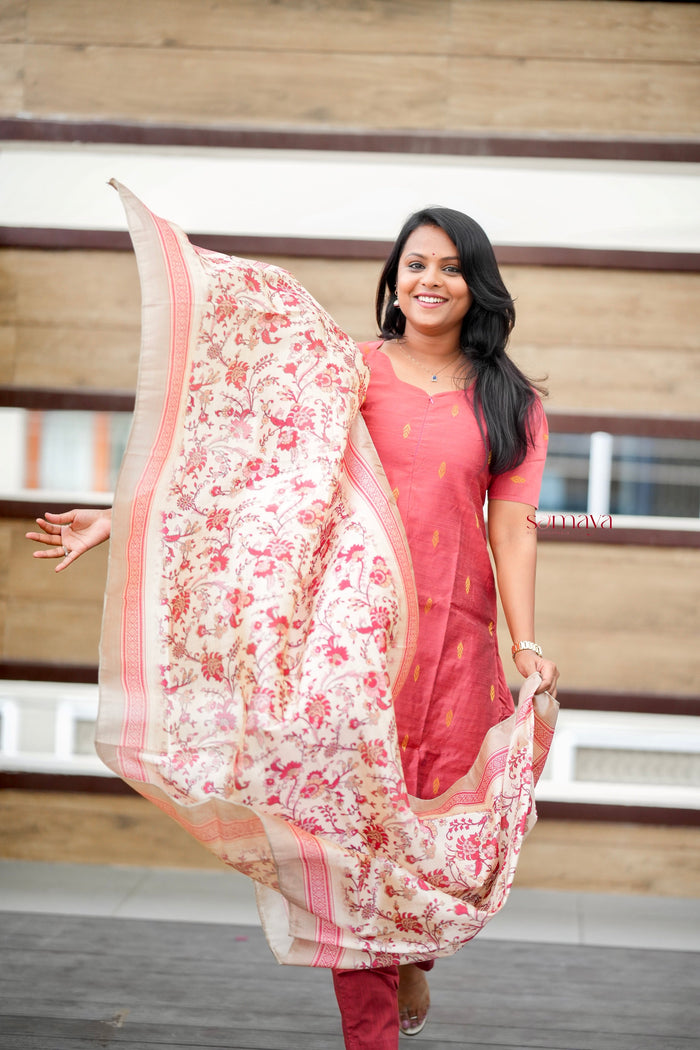 Divya -peach  raw silk suit set with dupptta set of 3( Ready to dispatch )
