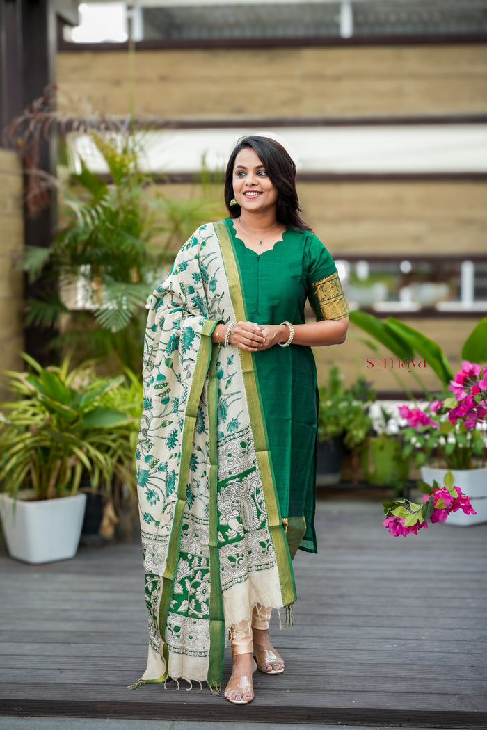 Mangalgiri Green Narayanapet silk top with kalamkari hand painted duppatta set of 2 ( ready to dispatch)