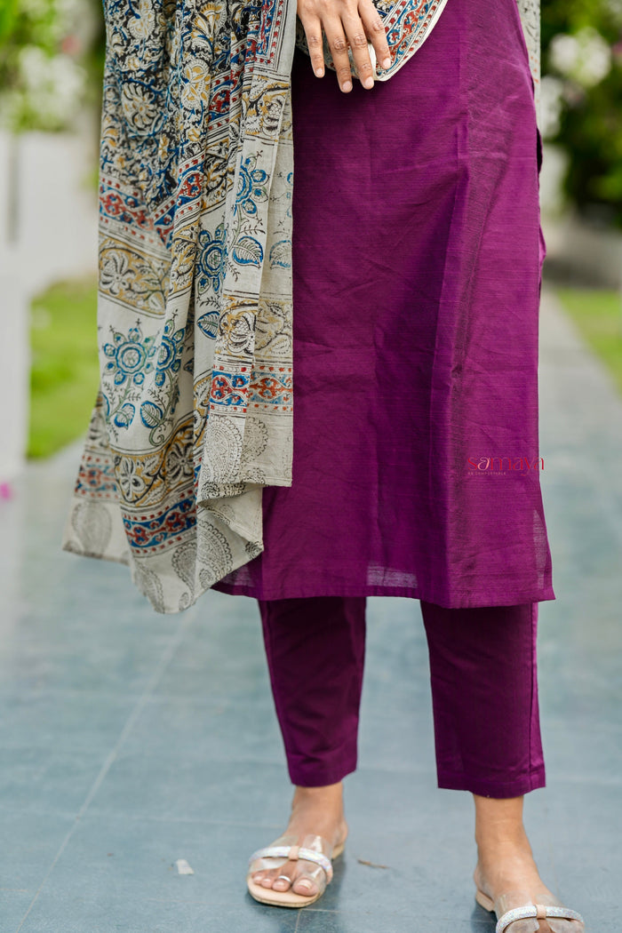 Kayal Raw silk top bottom set with  kalamkari  dupptta set of 3( ready to dispatch)