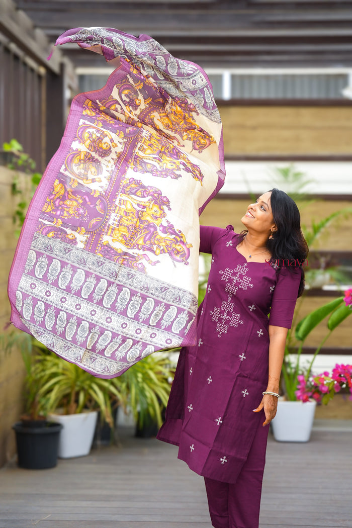 Saanvi -Purple Kolam 3 piece salwar suit set with kalamkari printed dupatta( pre order )