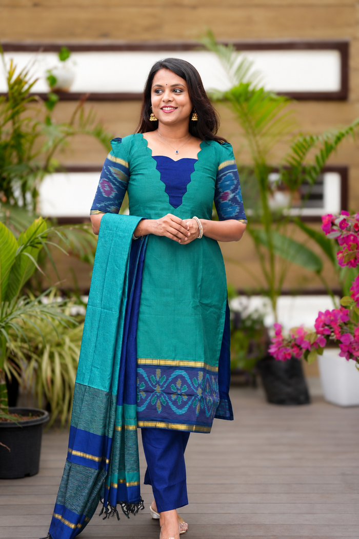Shanthini-Mayil  Pochampally 3 piece  suit set with Dupatta