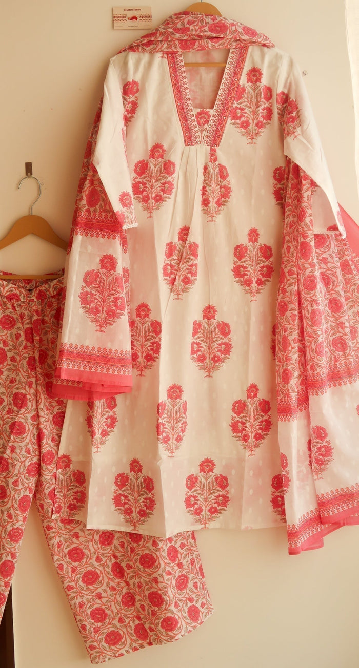 Pink Roses Three piece Cotton Suit Set - Blend of Fun
