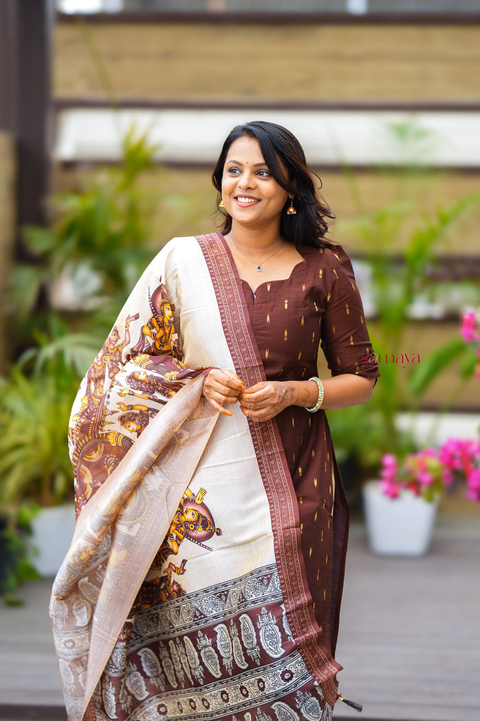 Chocolate - 3 piece salwar suit set with printed kalamkari dupatta ( pre order)