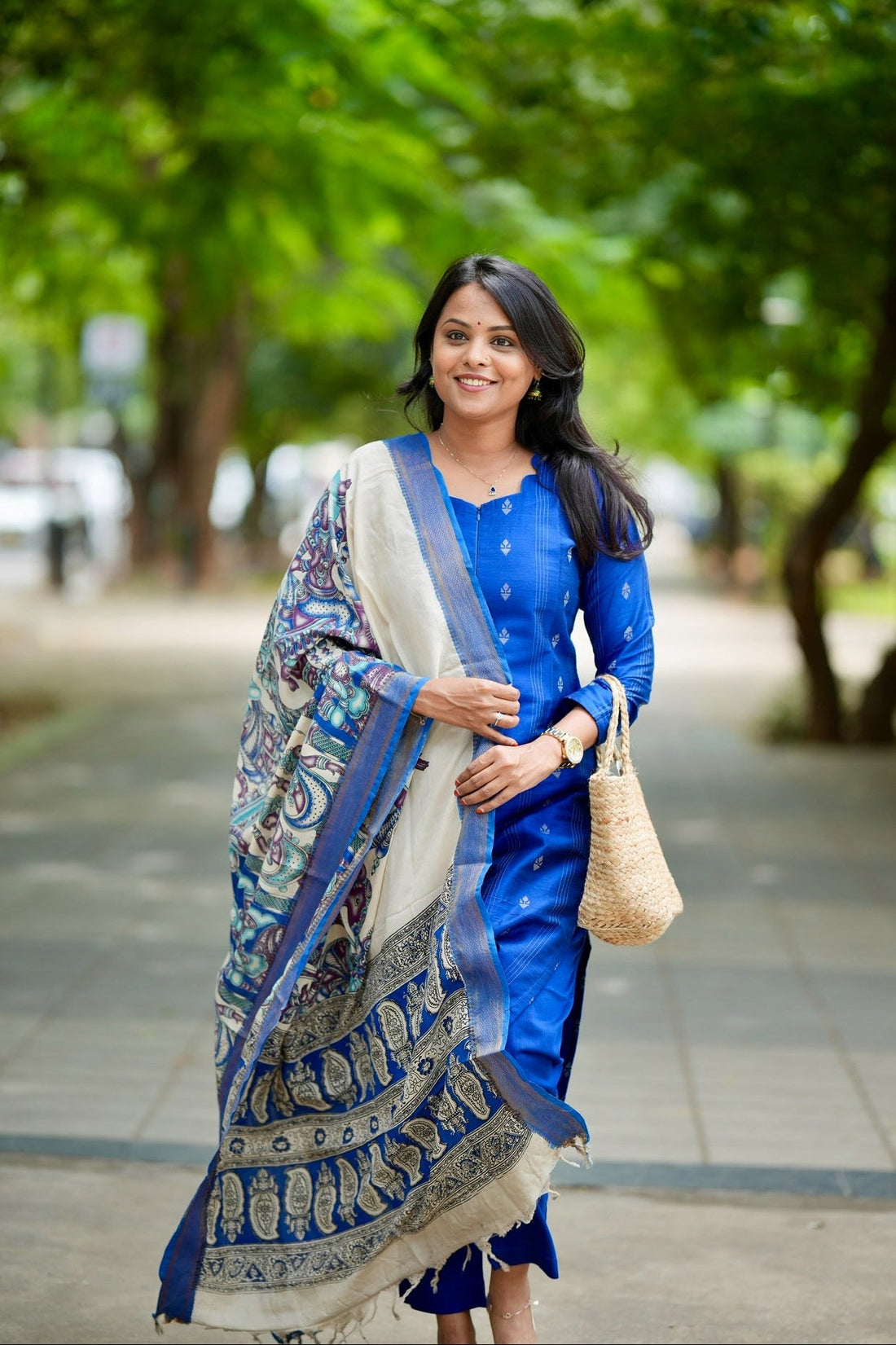 Mayilirage  raw silk Kurta Set with hand painted kalamkari dupptta ( ready to dispatch)