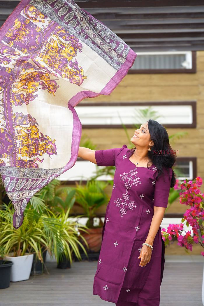 Saanvi -Purple Kolam 3 piece salwar suit set with kalamkari printed dupatta( pre order )