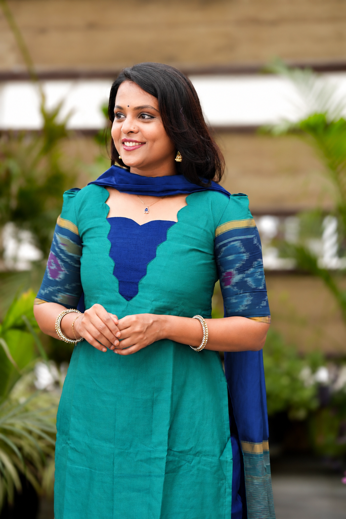Shanthini-Mayil  Pochampally 3 piece  suit set with Dupatta