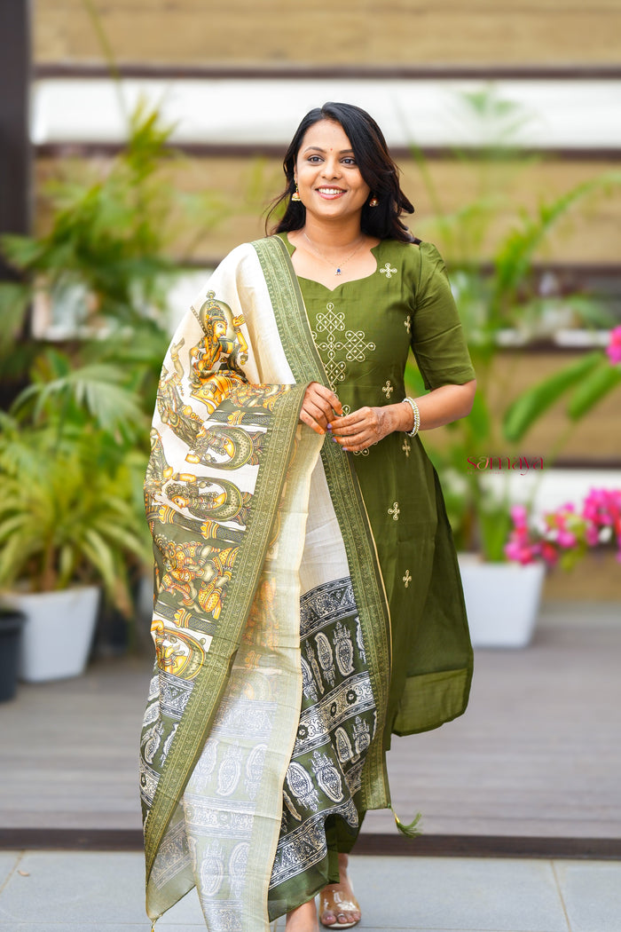Saanvi-green kollam  3 piece salwar suit set with printed kalamkari dupptta ( pre order )