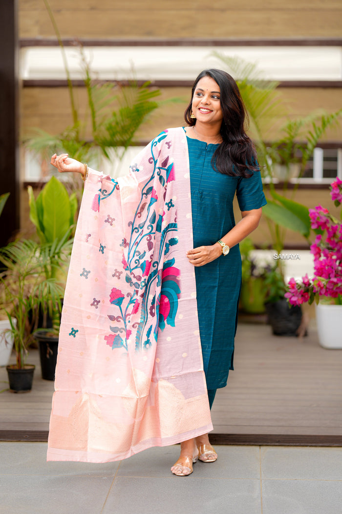 Peacock raw silk suit set of 3 with linen gold border