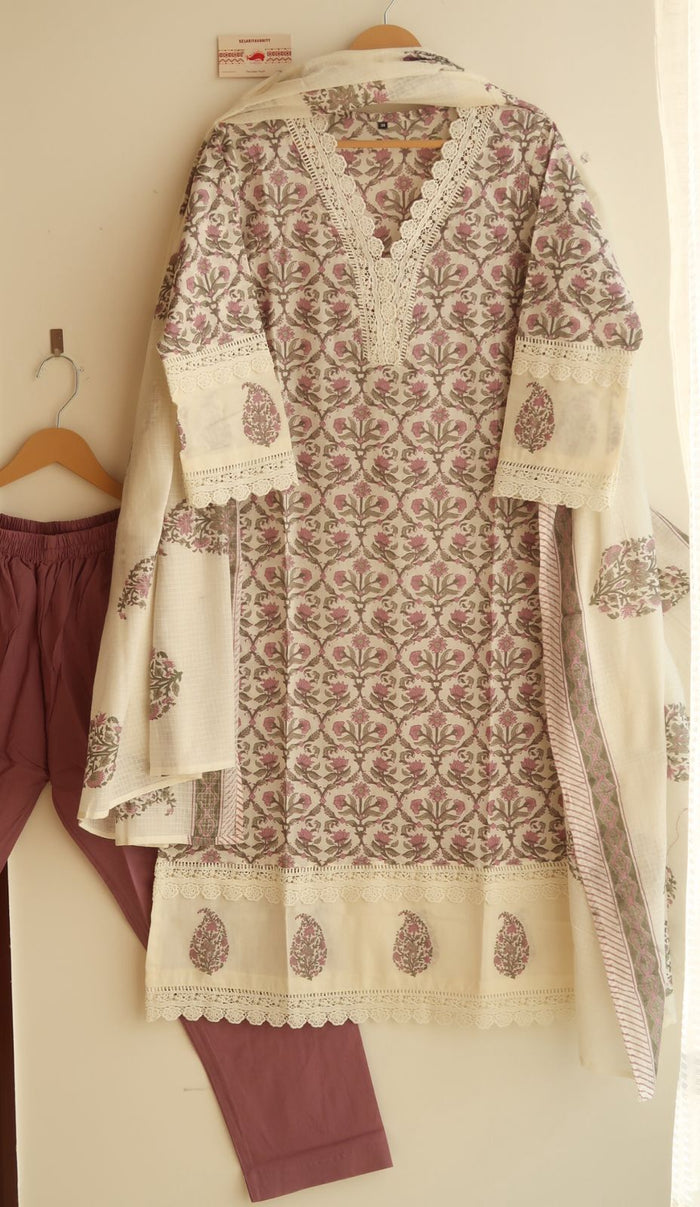 Floral Whispers Embroidered Three-Piece Cotton Suit Set - Blend of Fun