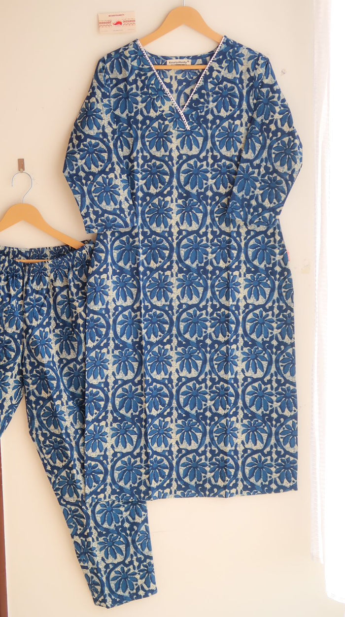 Moonlit Indigo Garden Lace Suit Set - Sukoon 2.0 (Slim Fit)