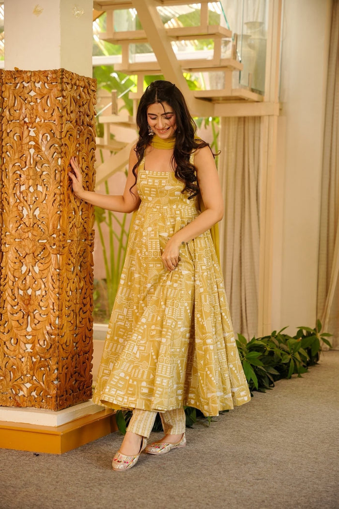 Hazel Printed Cotton Anarkali Suit Set