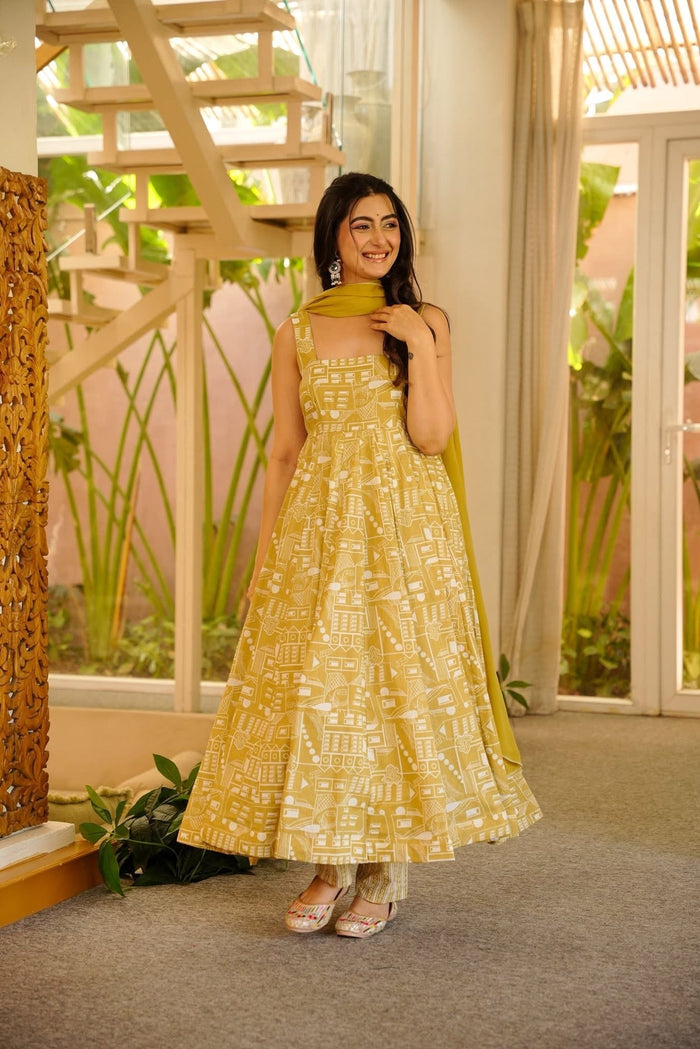 Hazel Printed Cotton Anarkali Suit Set