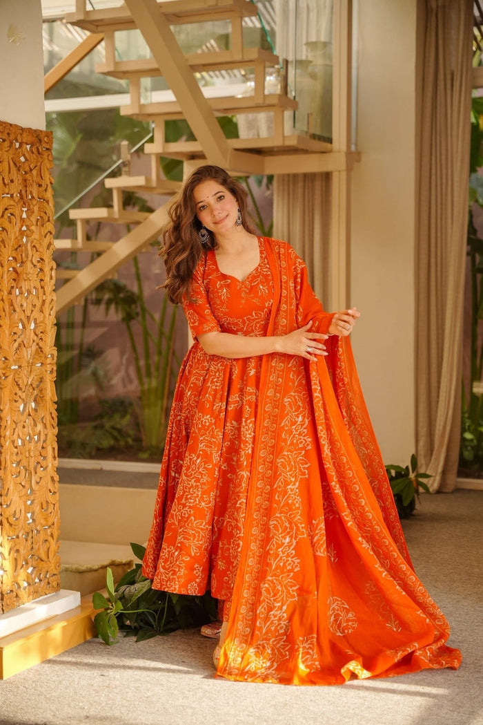 Rujul Orange Cotton Anarkali Suit Set