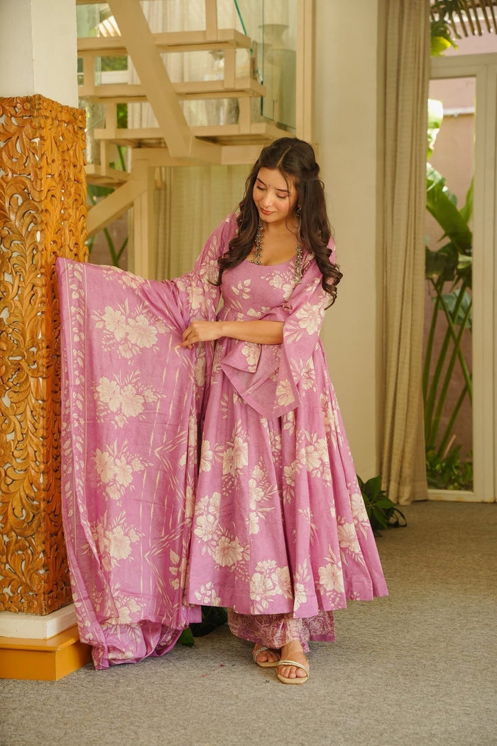 Elina Pink Cotton Anarkali Suit Set