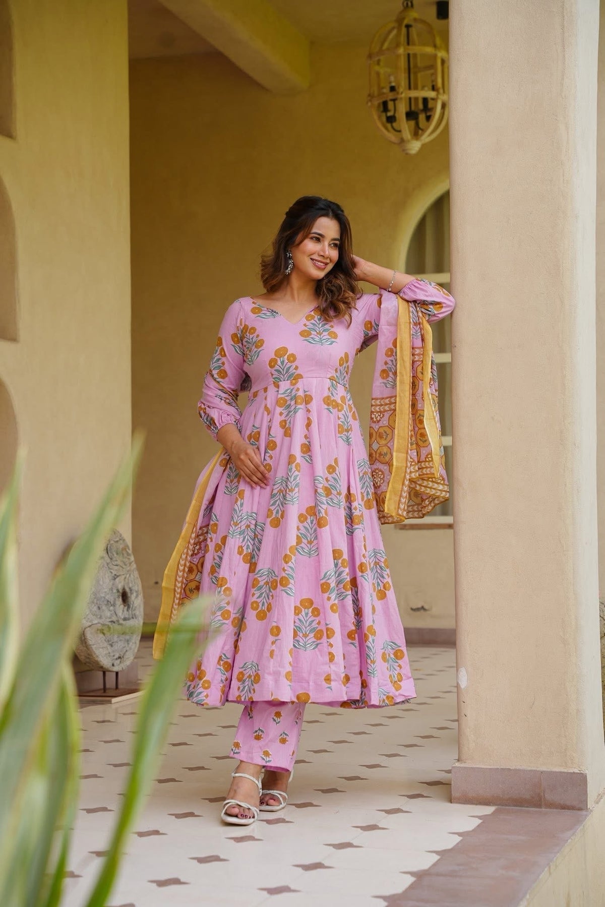 Areej Pink Cotton Anarkali Suit Set
