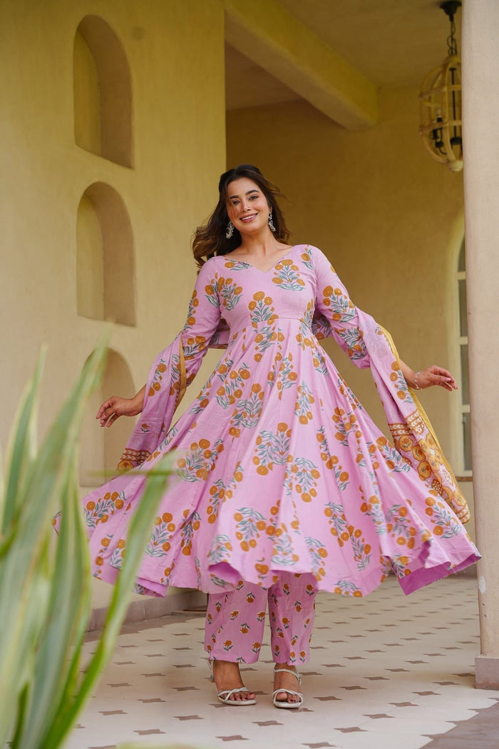 Areej Pink Cotton Anarkali Suit Set