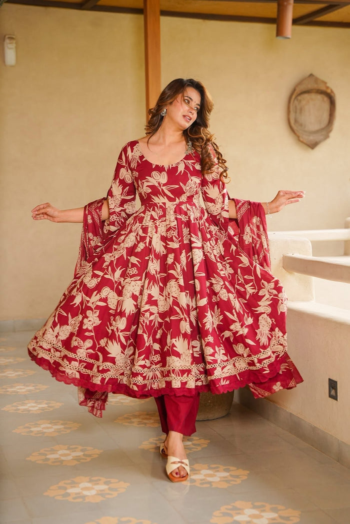 Lyovika Maroon Cotton Anarkali Suit Set