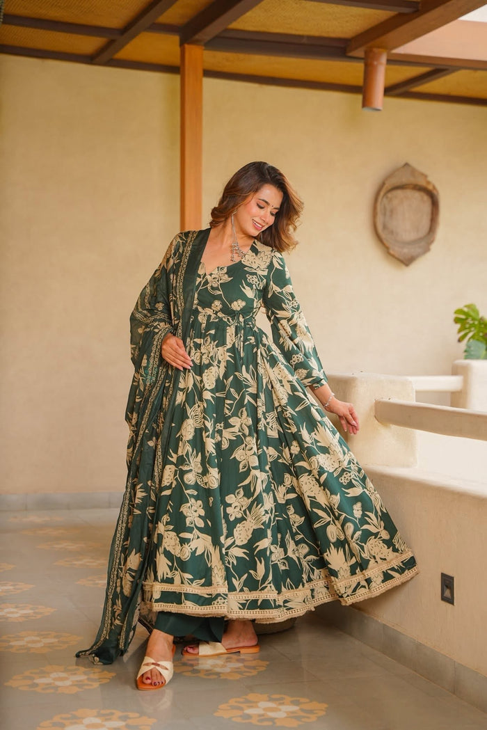 Nasrin Green Cotton Anarkali Suit Set