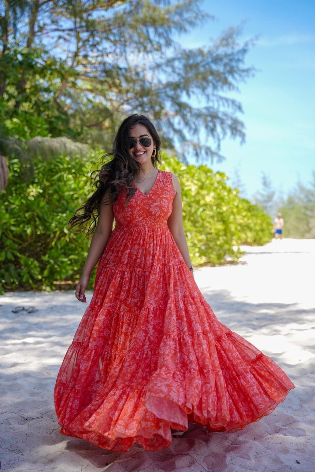 Vibrant Peach Red Petal Designer Georgette Maxi Dress