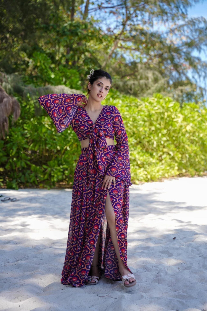 Purple Graceful Printed Georgette Slit Chic Co Ord Set