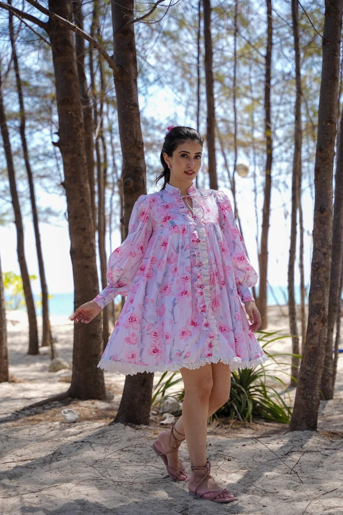 Rosebud Floral White Puff Sleeves Dream Cotton Stylish Dress
