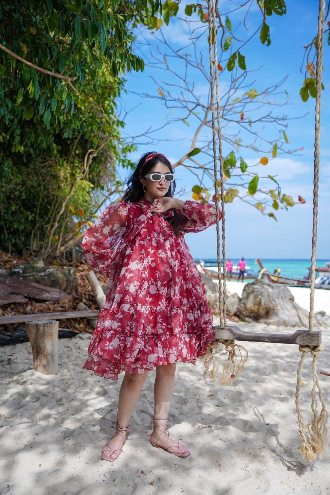 Red & White Ruby Organza Knee-Length Reverie Dress