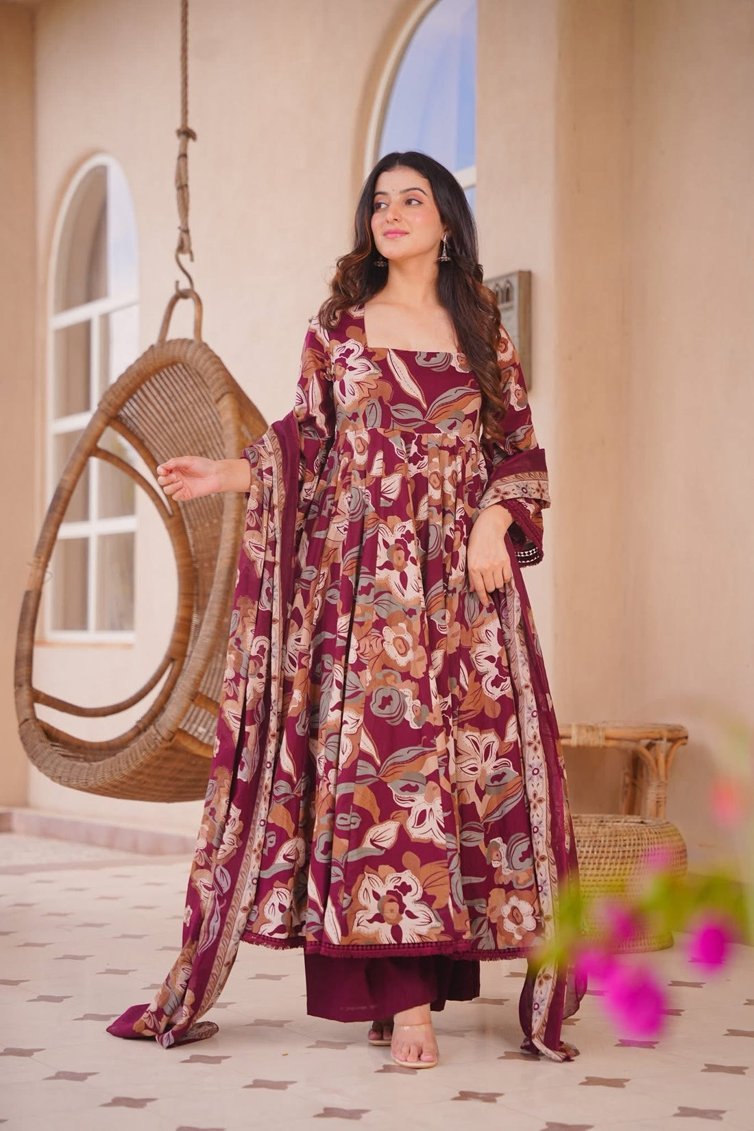 Invika Maroon Cotton Anarkali Suit Set