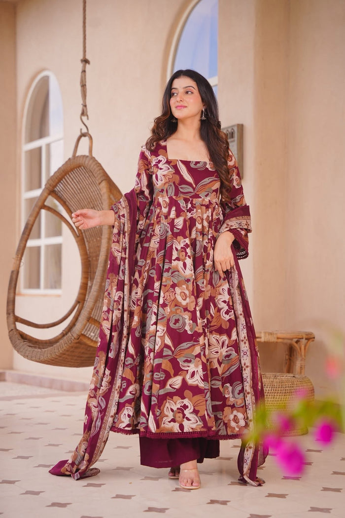 Invika Maroon Cotton Anarkali Suit Set
