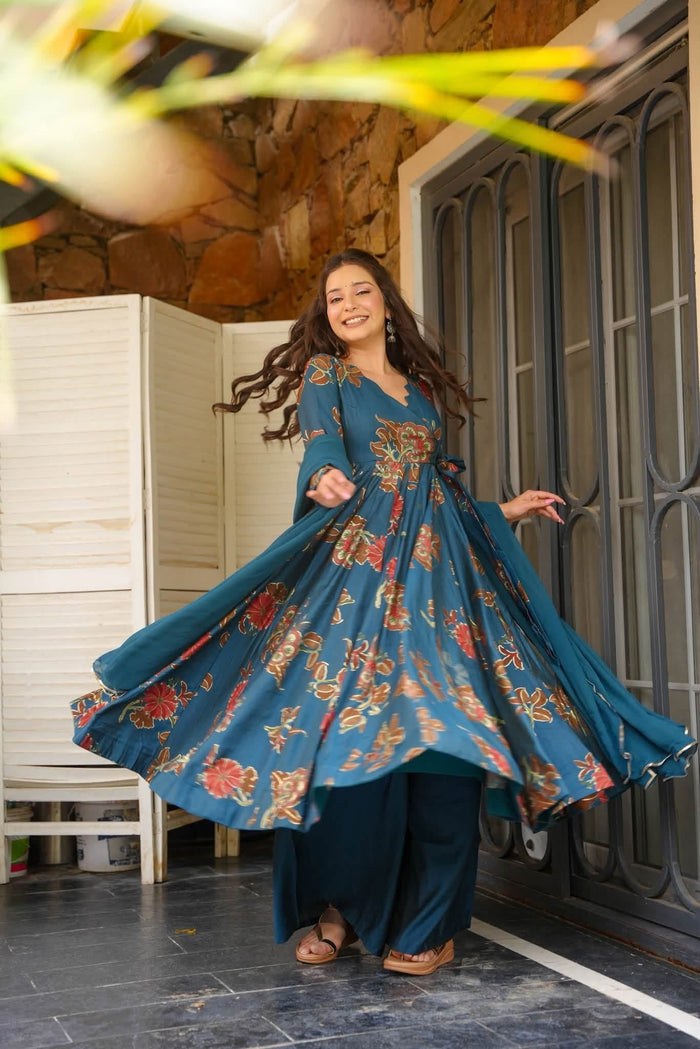 Hrishita Teal Cotton Anarkali Suit Set