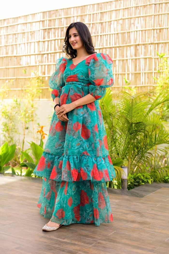 niti green floral organza dress