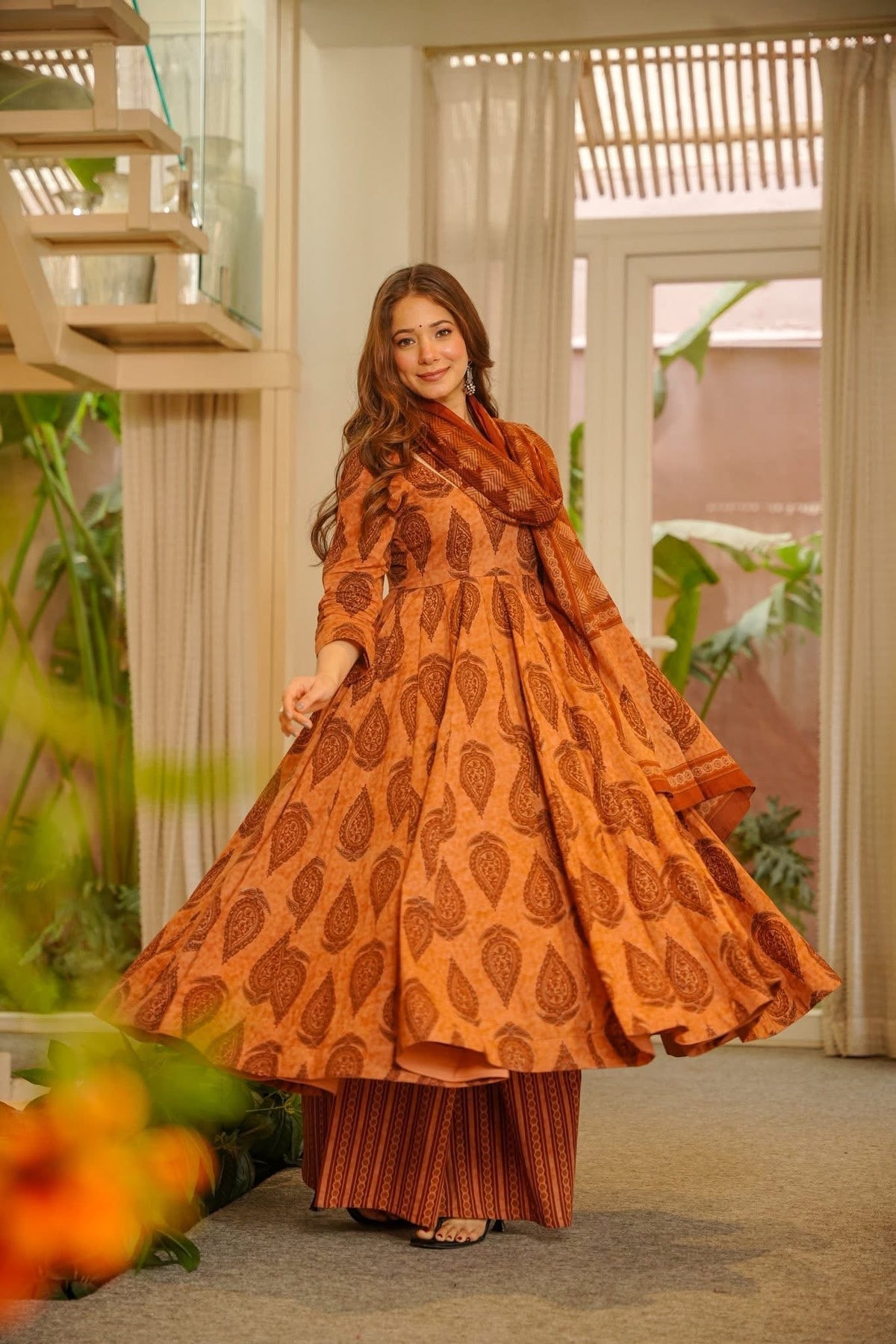 Anvaya Block Printed Cotton Anarkali Suit Set