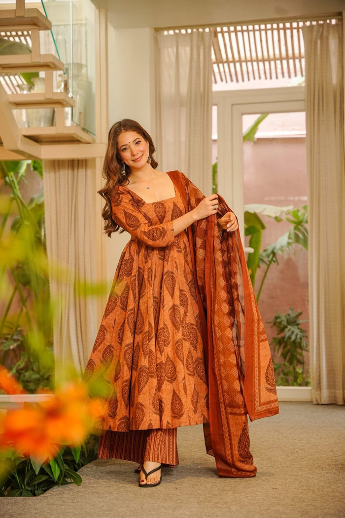 Anvaya Block Printed Cotton Anarkali Suit Set