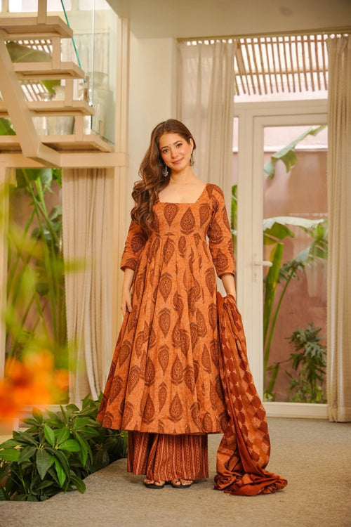 Anvaya Block Printed Cotton Anarkali Suit Set