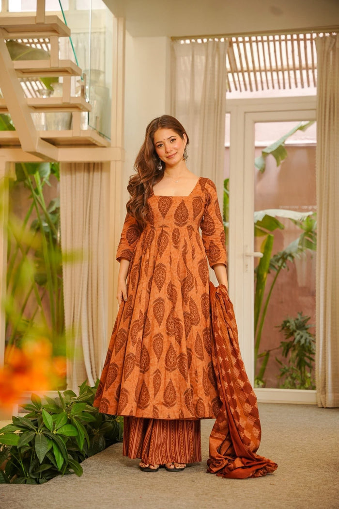 Anvaya Block Printed Cotton Anarkali Suit Set