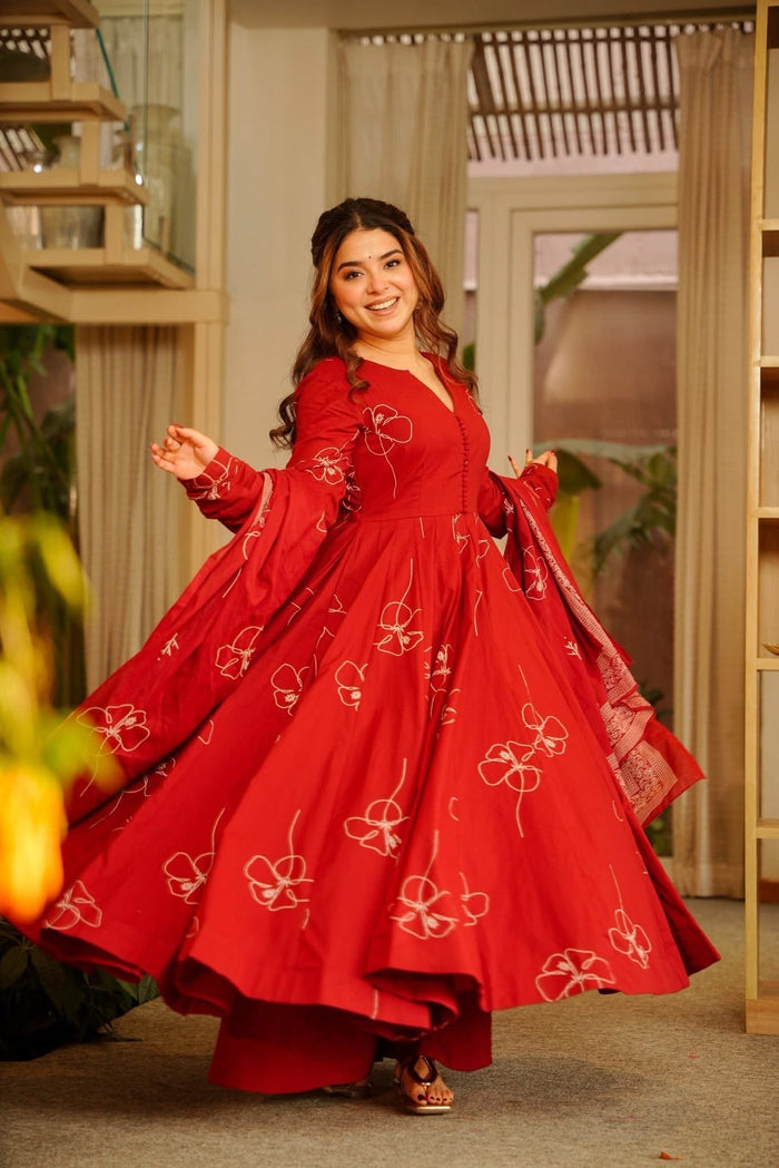 Maithali Red Cotton Anarkali Suit Set