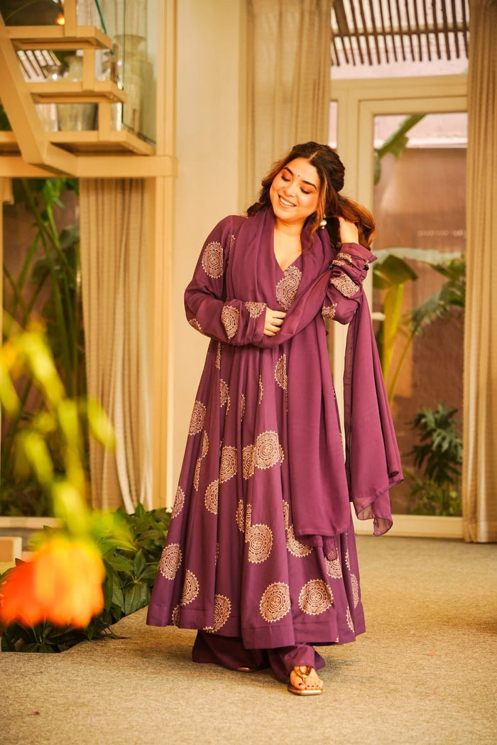 Srujaana Purple Rayon Anarkali Suit Set