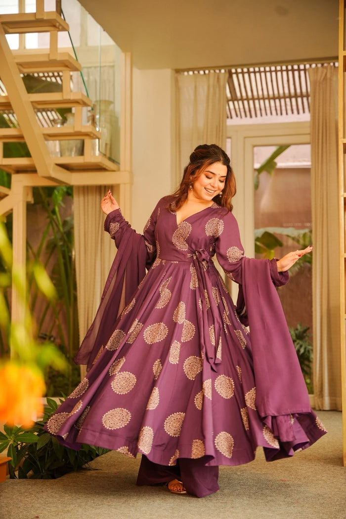 Srujaana Purple Rayon Anarkali Suit Set