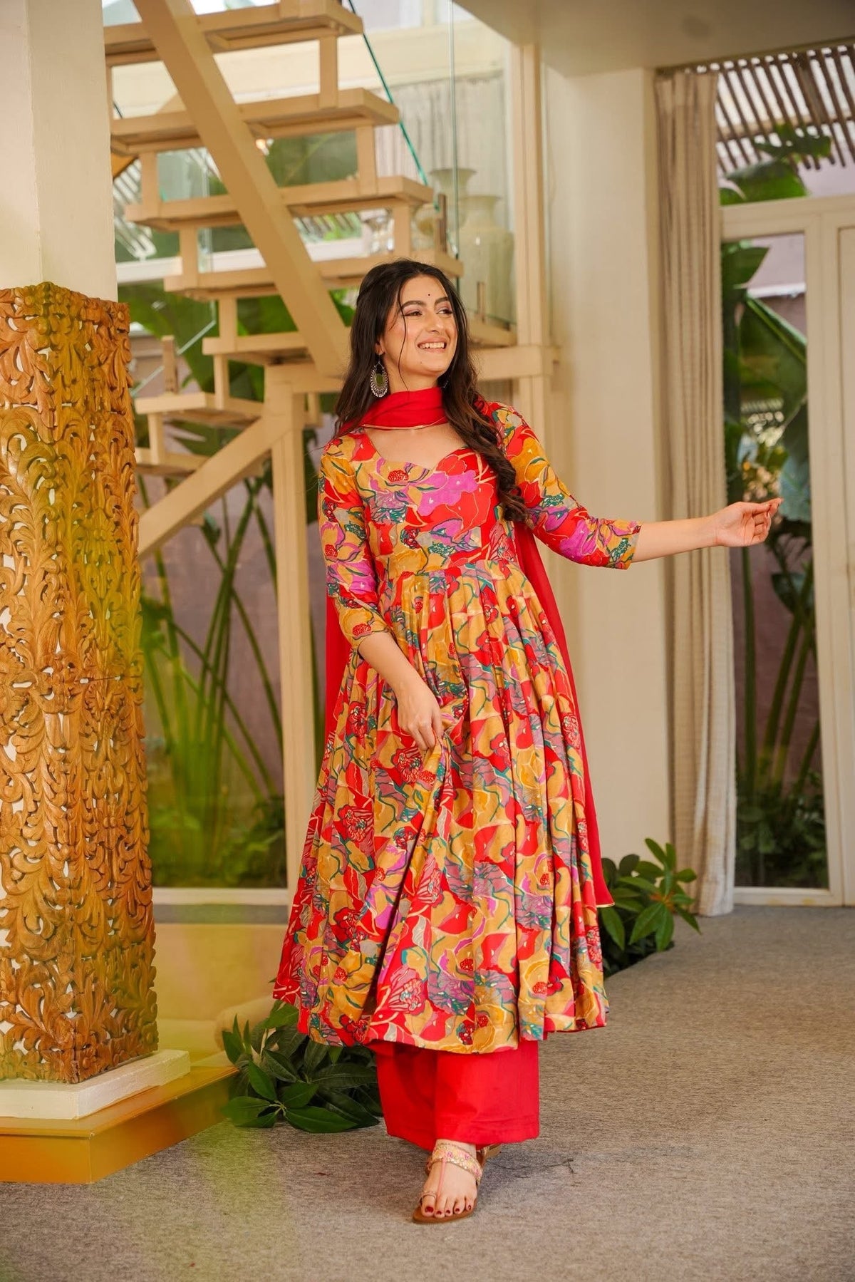 Aditi Red Floral Print Rayon Suit Set