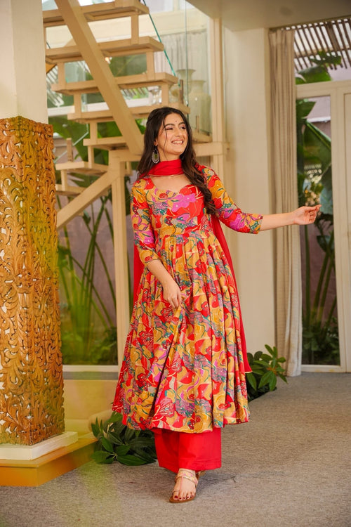 Aditi Red Floral Print Rayon Suit Set