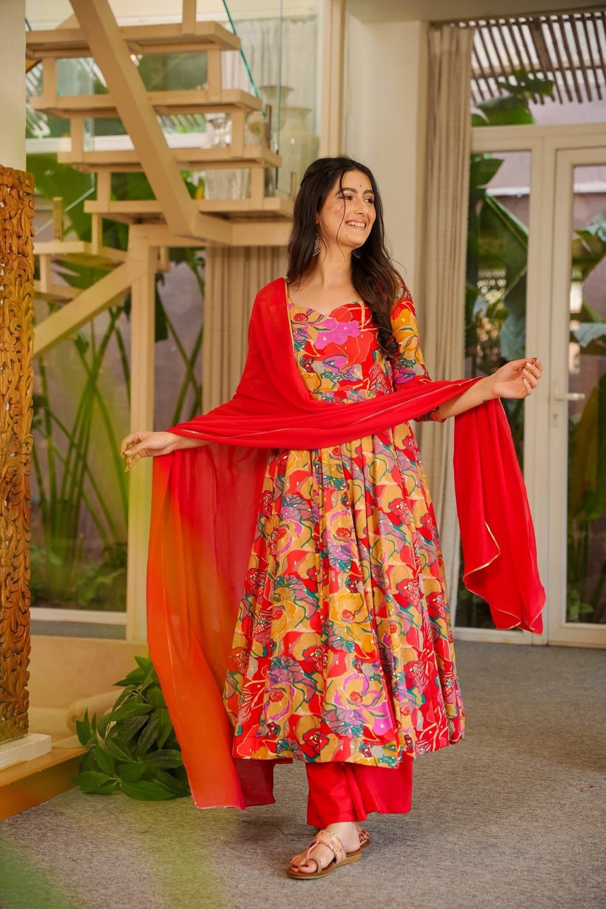 Aditi Red Floral Print Rayon Suit Set