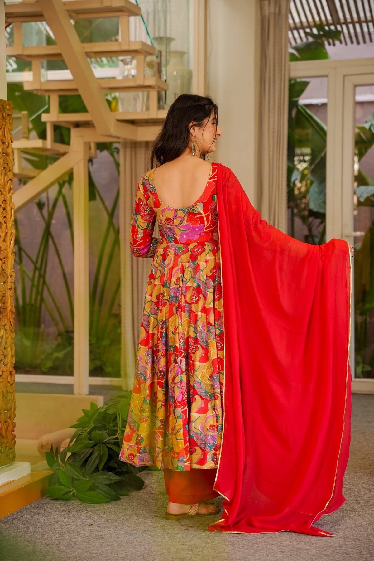 Aditi Red Floral Print Rayon Suit Set