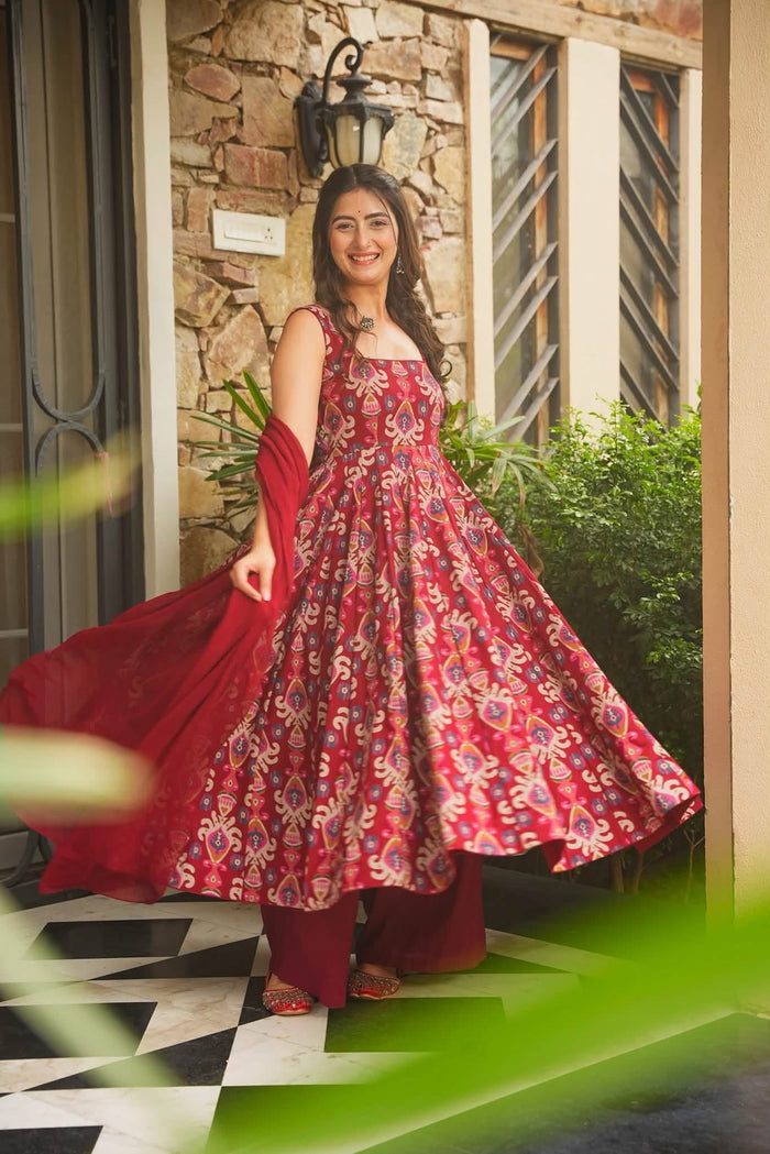Ragini Roop Red Cotton Anarkali Suit Set