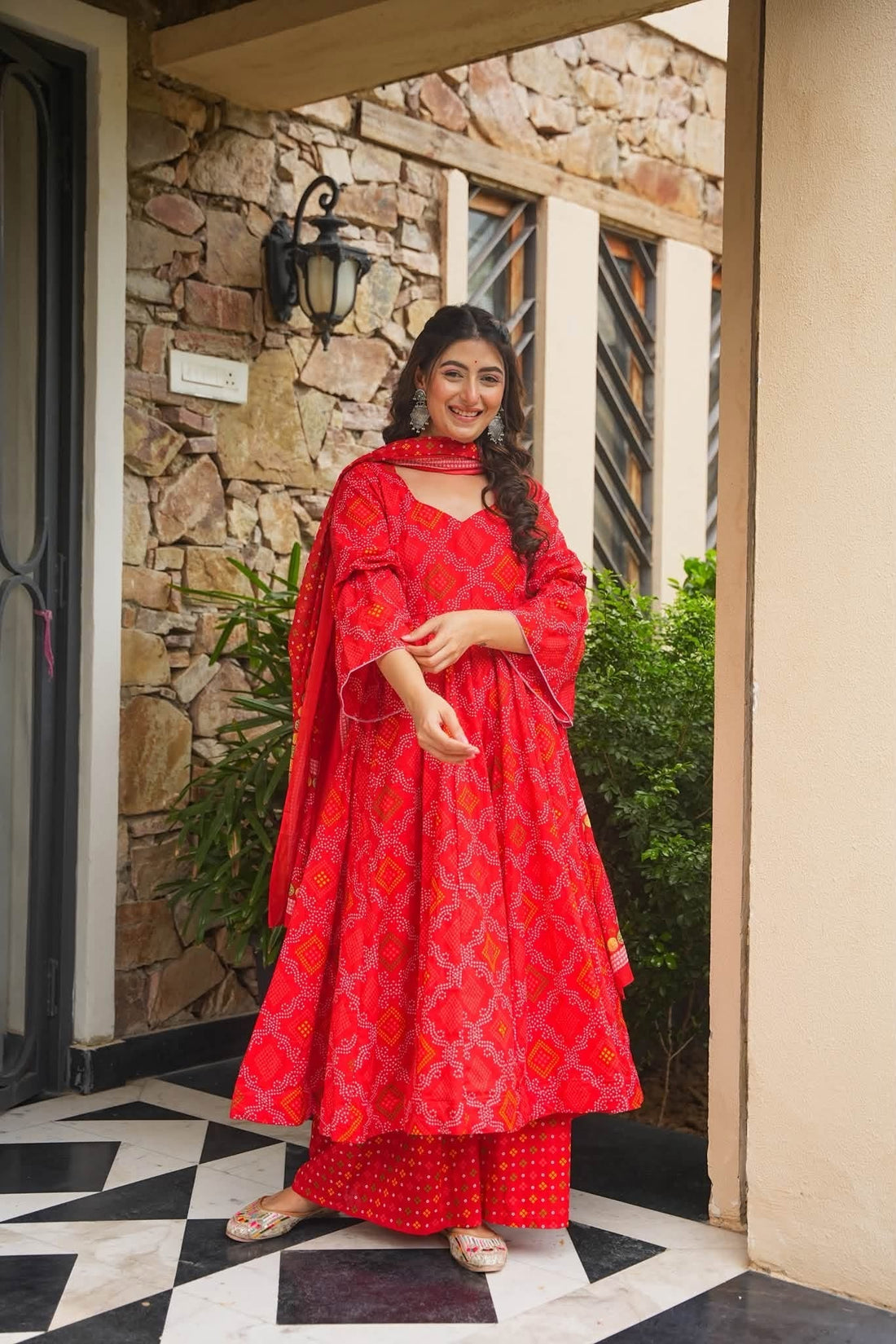 Meghira Red Bandhej Cotton Anarkali Set